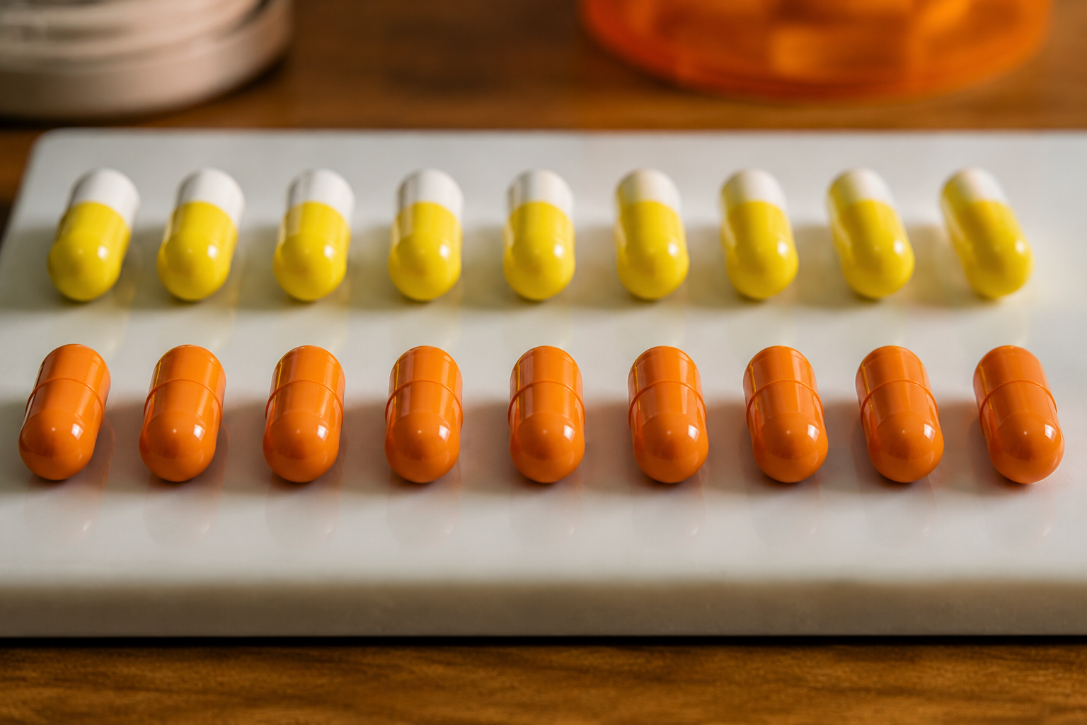 Two types of oral antibiotic capsules arranged side by side for comparison, representing doxycycline and minocycline for acne