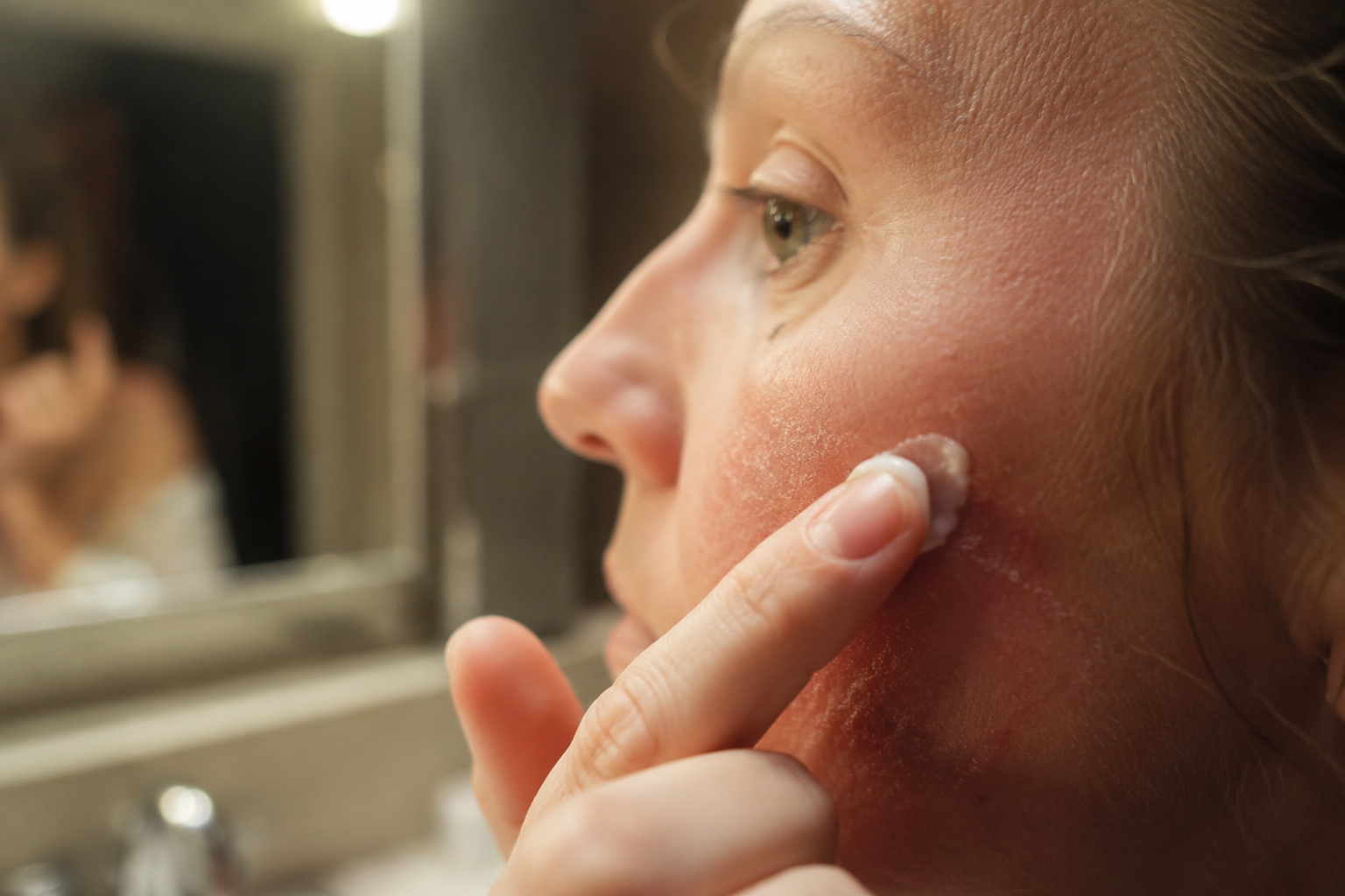 Person applying occlusive ointment to dry flaking skin around nose, showing targeted use on acne-prone face