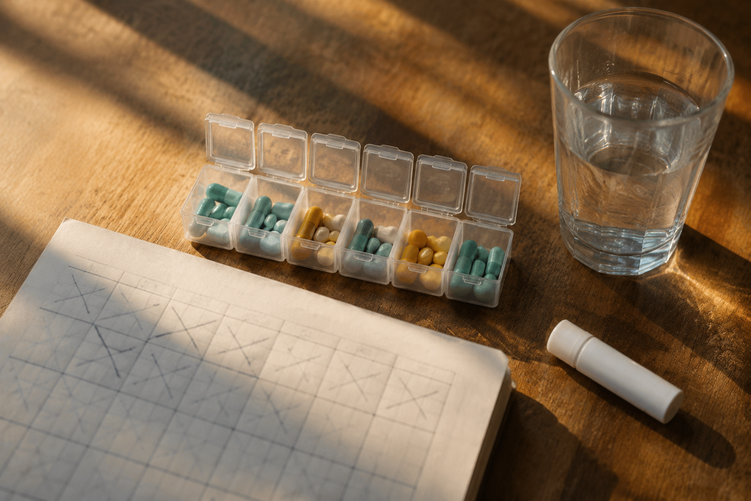 Weekly pill organizer with isotretinoin capsules beside a calendar tracking a 6-month accutane treatment course