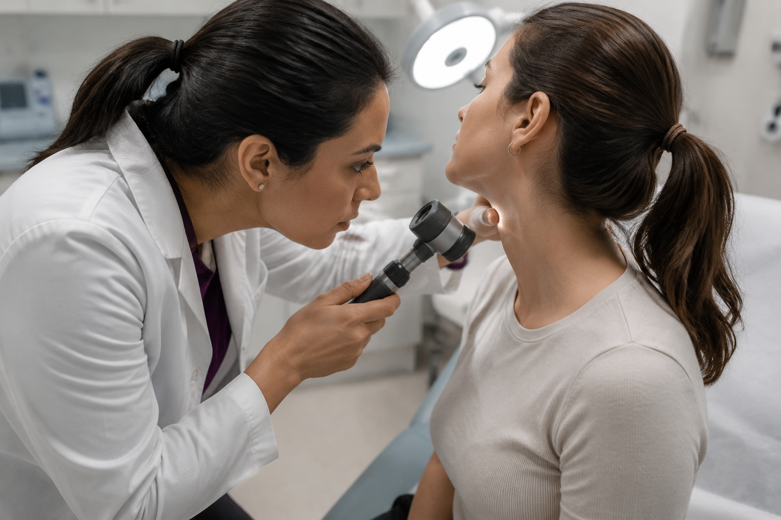 Dermatologist examining patient jawline acne in a clinic to determine severity and appropriate prescription treatment