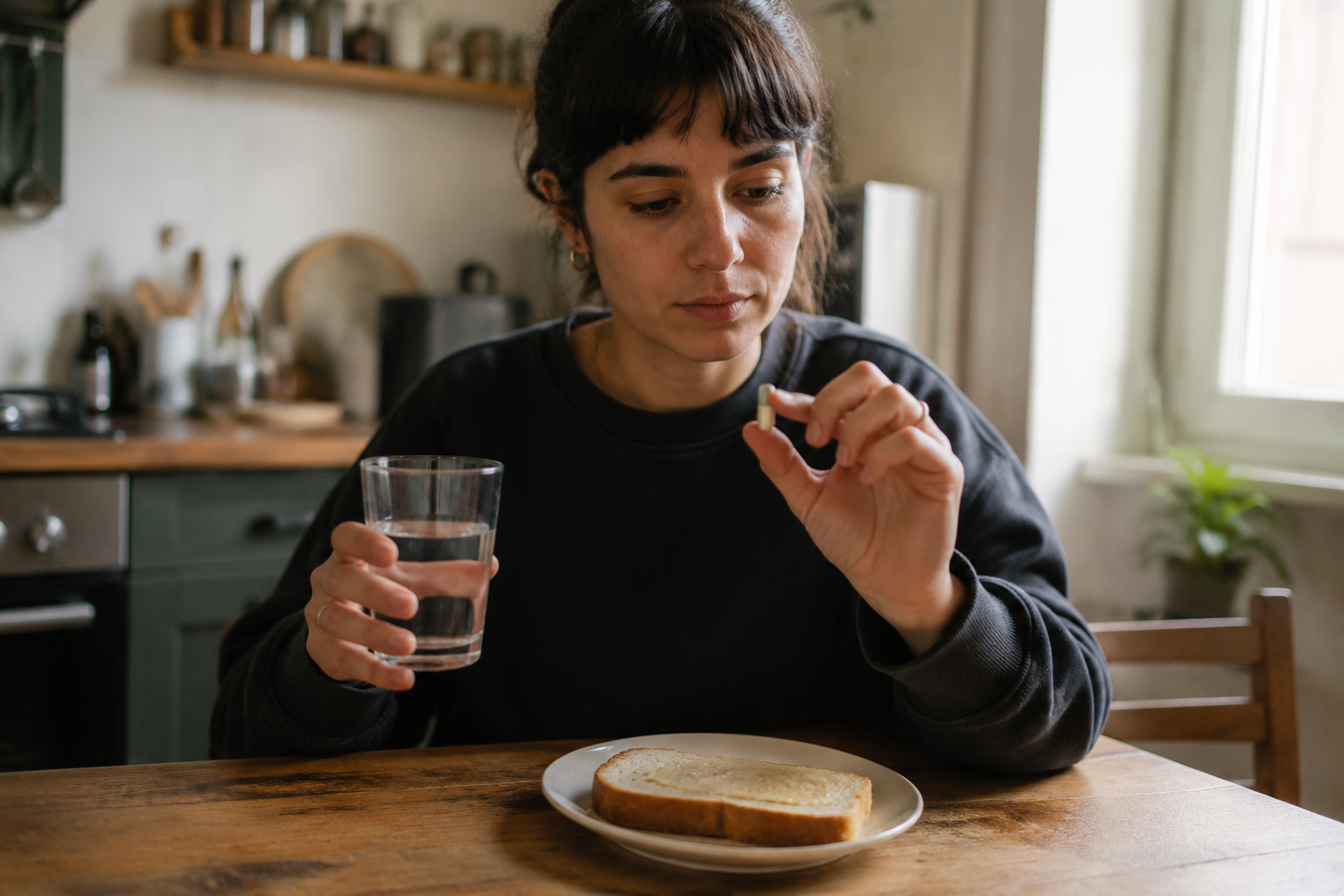 Person taking doxycycline capsule with food and water to reduce nausea side effects
