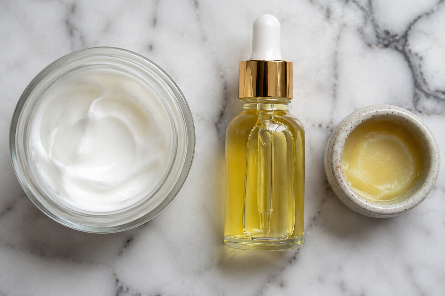 Key moisturizing ingredients for Accutane users — ceramides, hyaluronic acid, and occlusive ointments arranged on marble surf