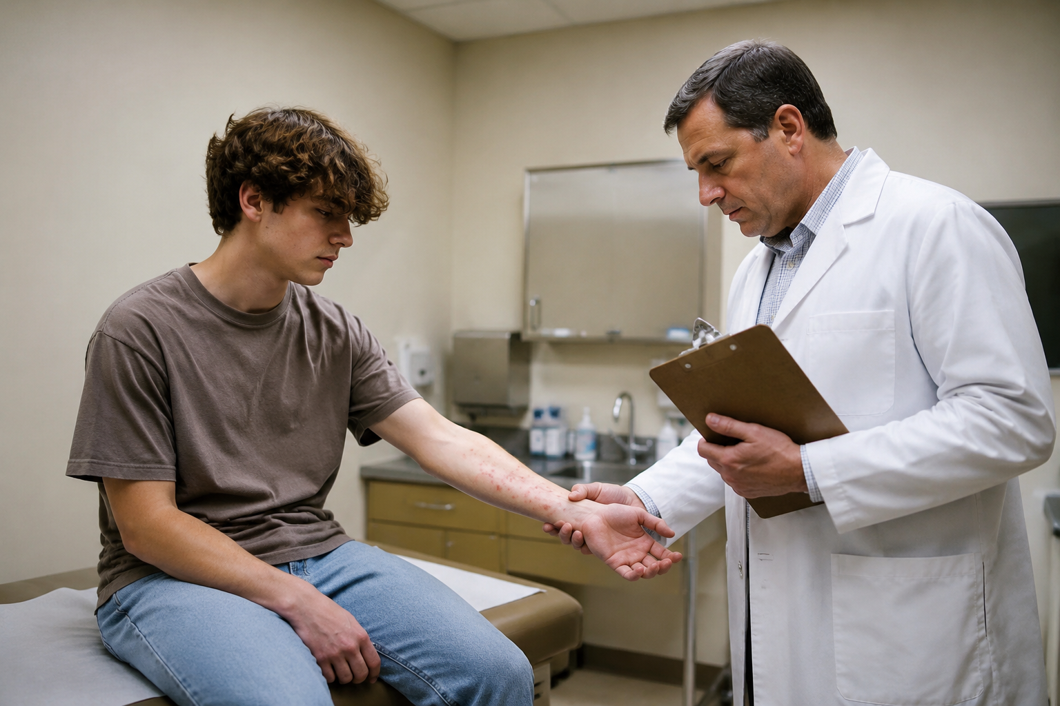 Patient reporting serious Accutane side effects to a dermatologist during a follow-up clinic visit.