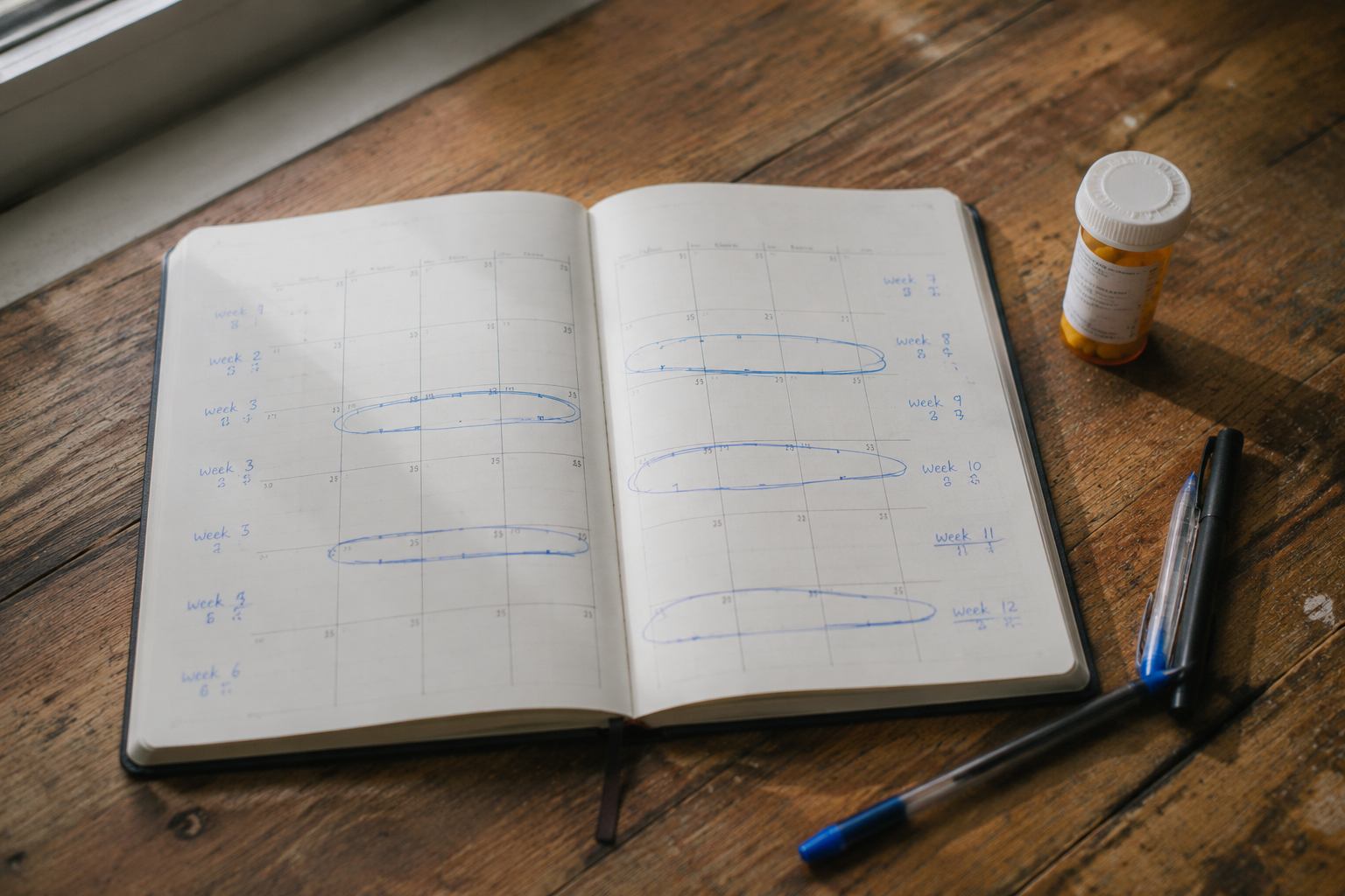 Monthly calendar tracking spironolactone acne treatment timeline week by week with pill bottle