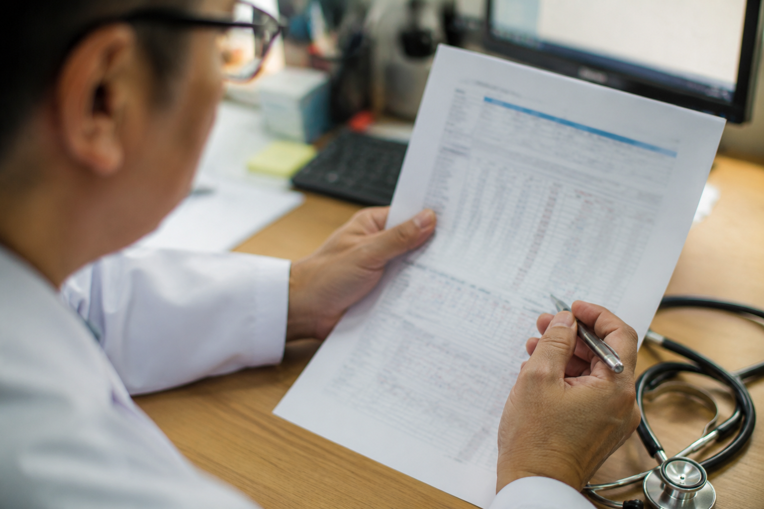 Doctor reviewing blood potassium lab results at clinic desk, relevant to monitoring serious spironolactone side effects.