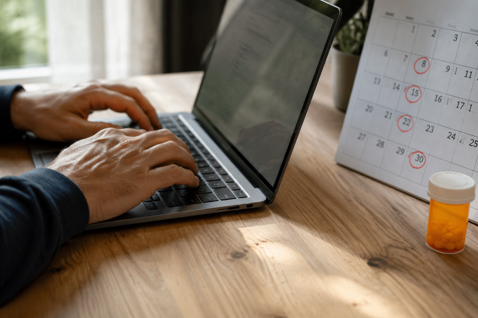 Patient enrolling in iPLEDGE REMS online portal with prescription bottle and calendar on desk