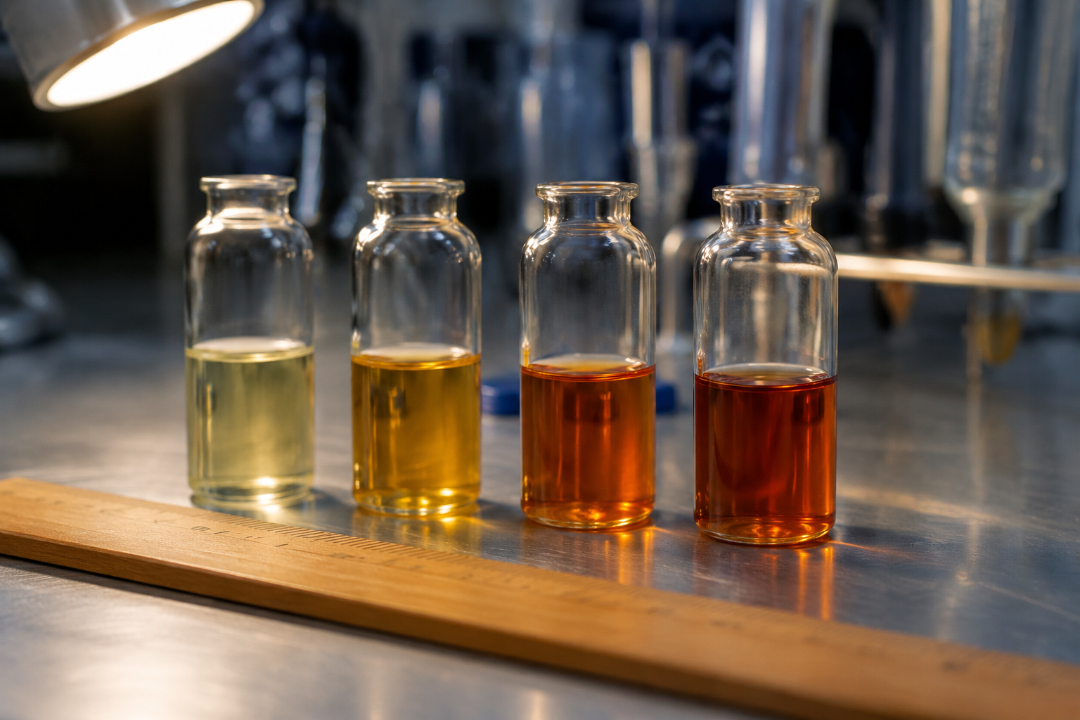 Four vials representing the retinoid conversion chain from retinyl ester to retinoic acid, illustrating potency differences