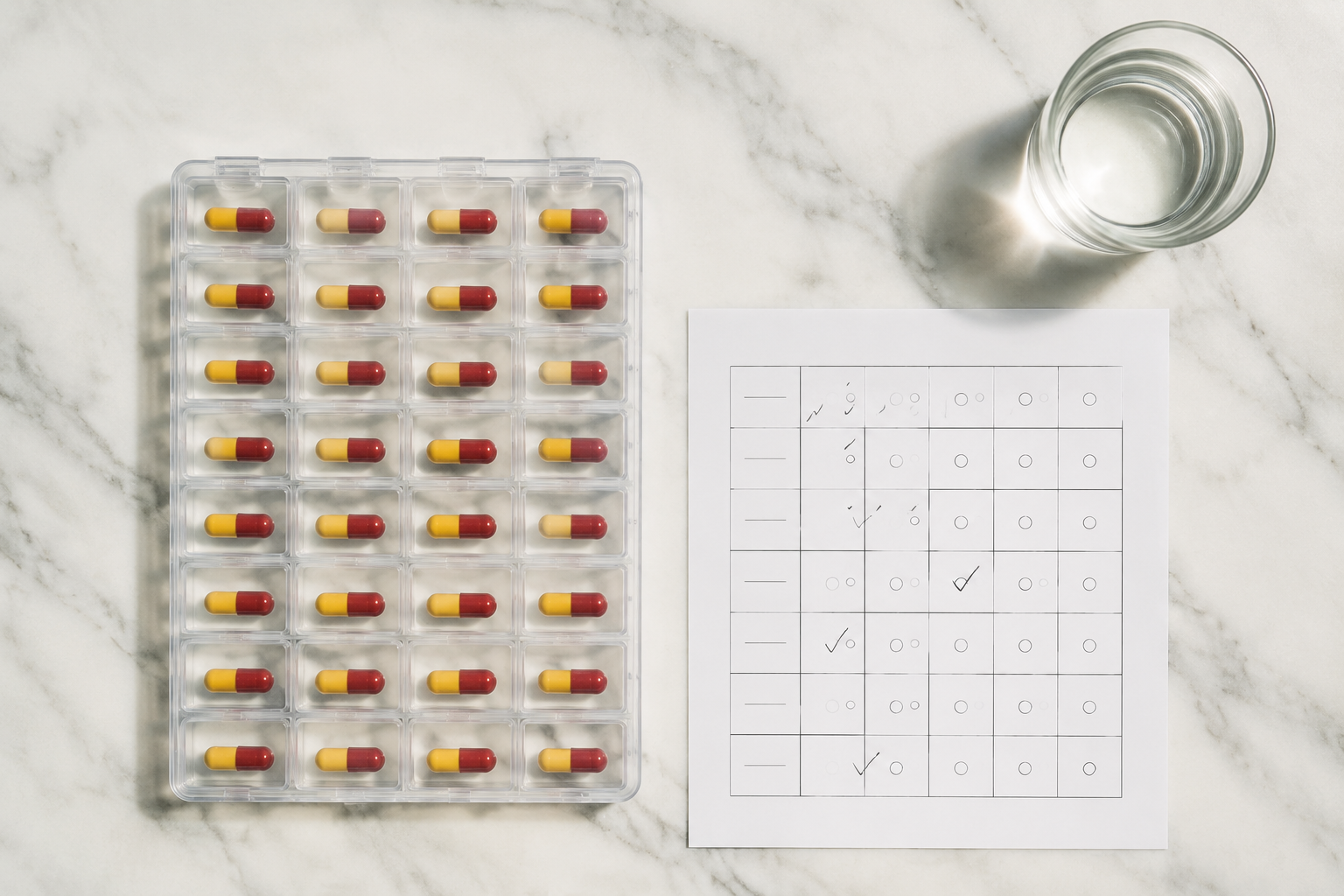 Weekly pill organizer with doxycycline capsules beside a calendar showing acne treatment milestones at weeks 2 4 8 12