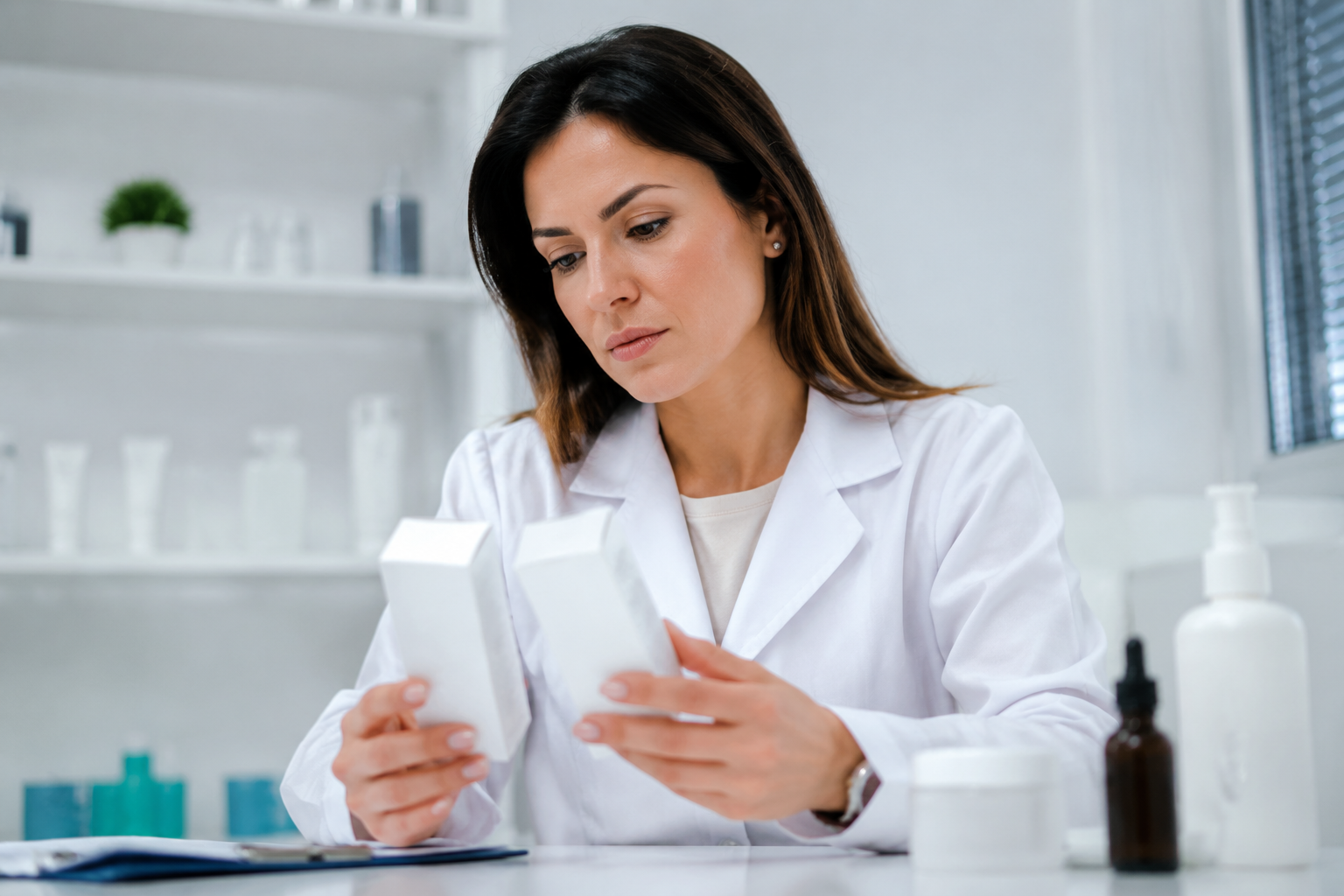 Dermatologist comparing retinol and tretinoin products at a clinic desk, illustrating the prescription vs OTC decision
