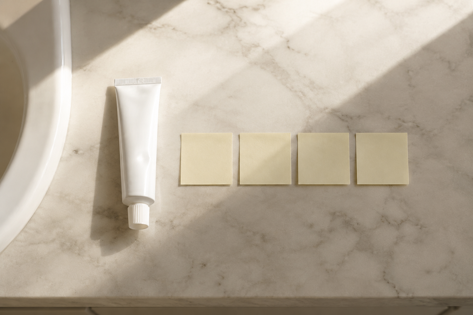 Month-by-month tretinoin timeline shown with sticky note milestones beside prescription tube on bathroom counter