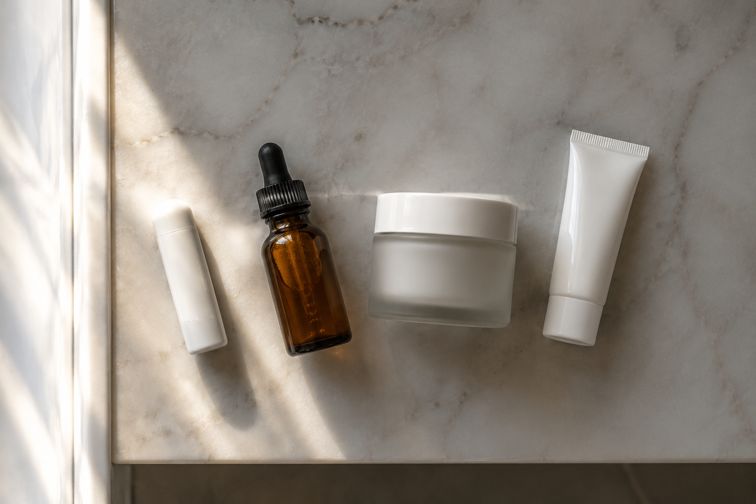 Accutane dryness management essentials: lip balm, eye drops, moisturizer, and sunscreen on a bathroom shelf.
