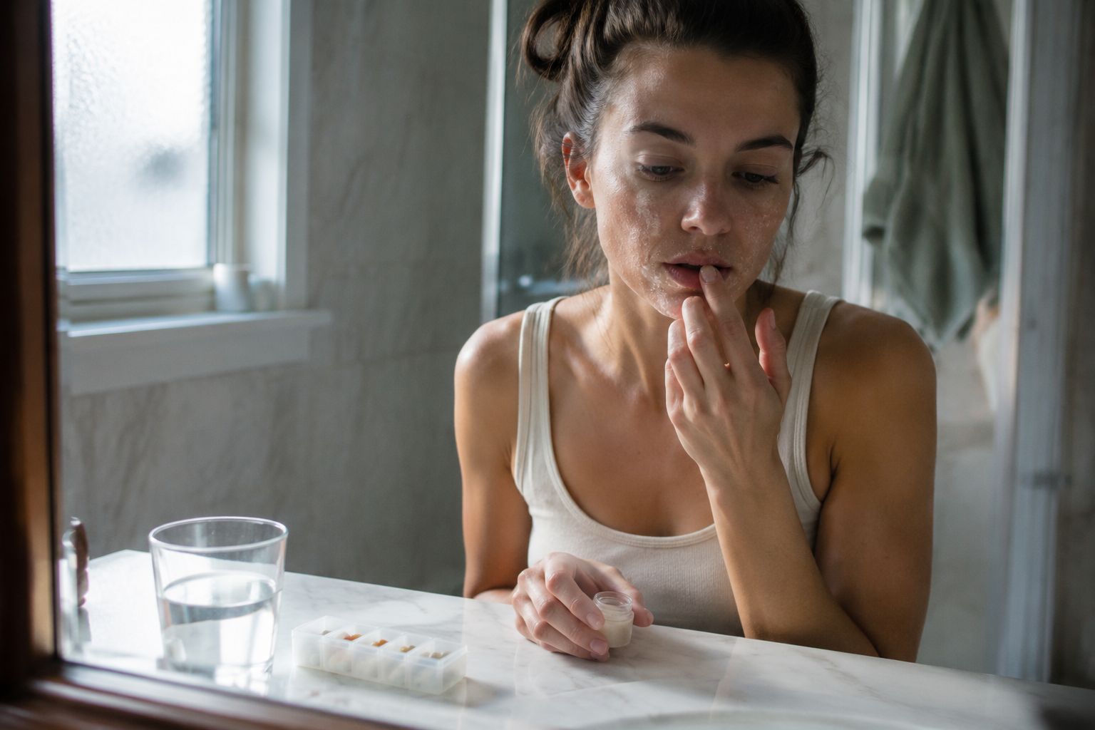Woman managing dry skin and chapped lips, common isotretinoin side effects, applying lip balm at bathroom mirror