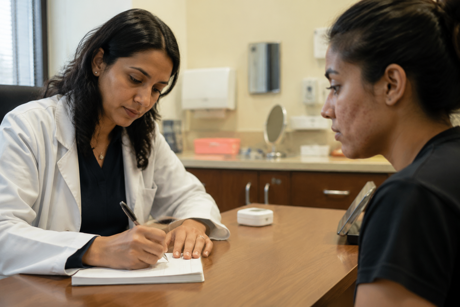 Dermatologist writing an acne antibiotic prescription at a clinic desk during a patient consultation