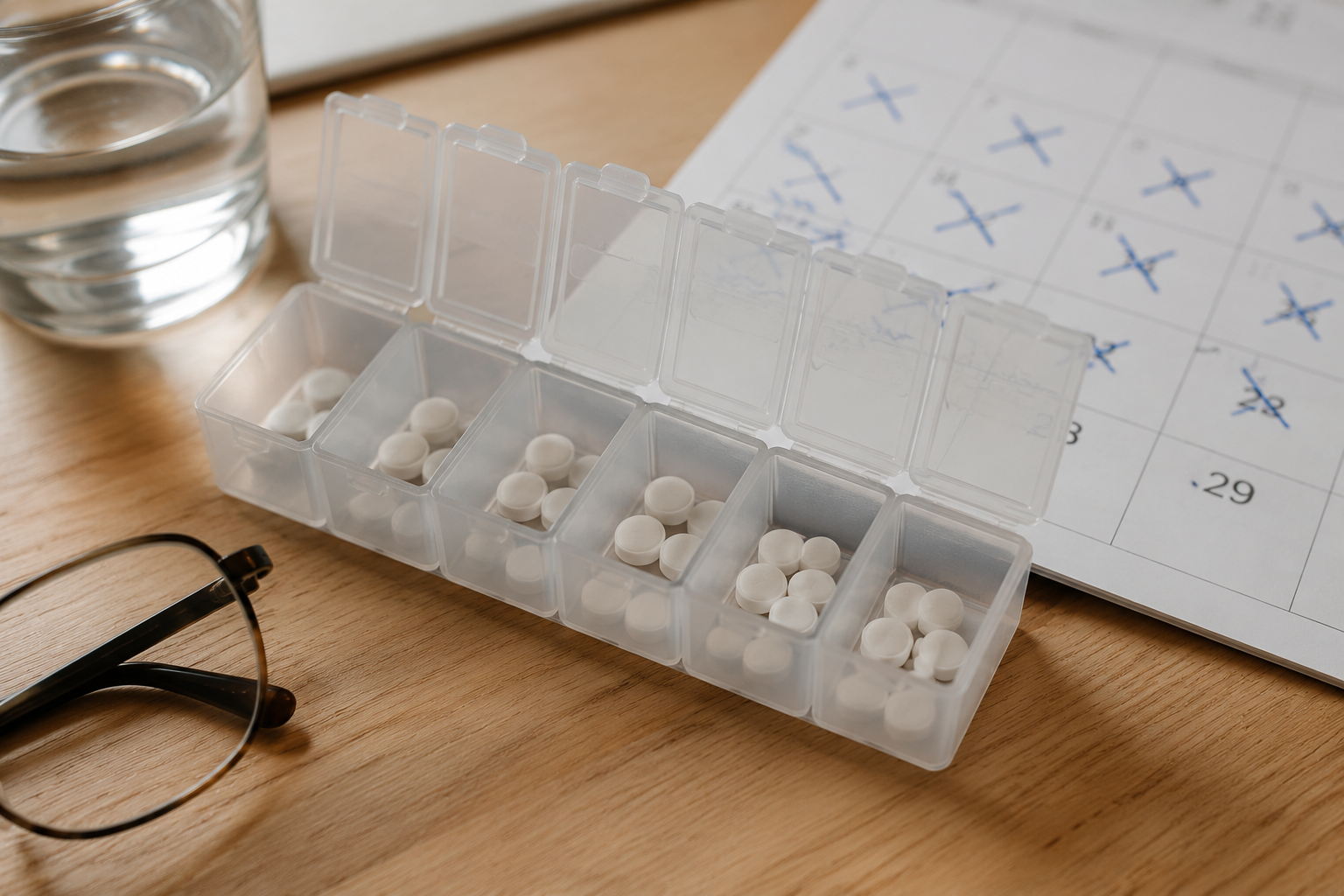 Weekly pill organizer and calendar representing a multi-month spironolactone treatment timeline for hormonal acne