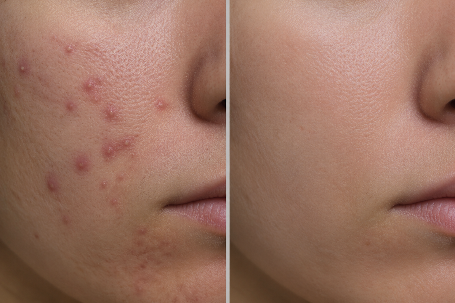 Tretinoin before and after skin purge comparison showing inflamed acne versus clear skin on same cheek area