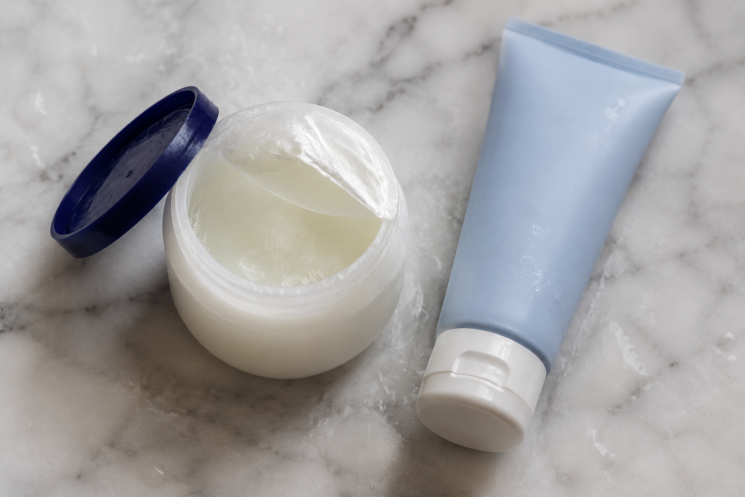 Aquaphor ointment versus lightweight moisturizer illustrating occlusive barrier concept for acne-prone skin