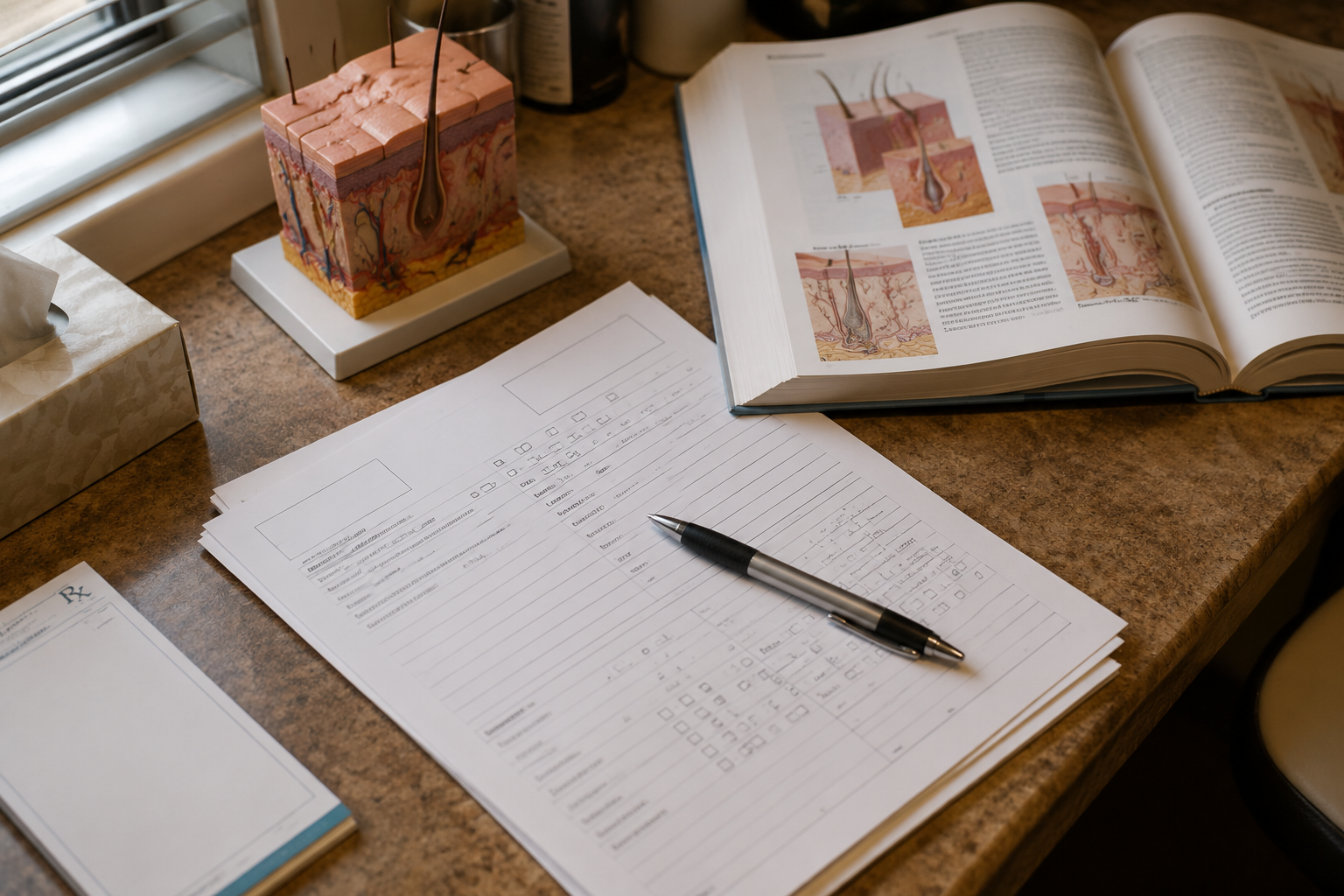 Dermatologist calculating isotretinoin cumulative dose based on patient body weight at clinic desk