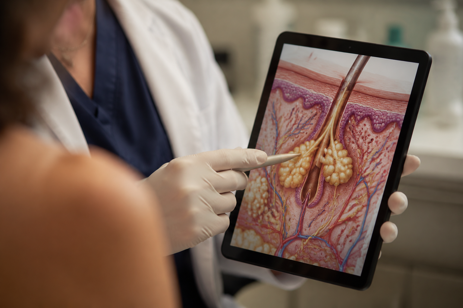 Dermatologist explaining sebaceous gland diagram on tablet — spironolactone vs accutane mechanism of action