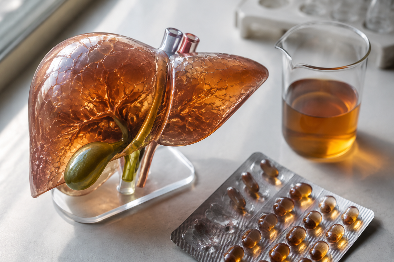 Liver model beside alcohol glass and doxycycline blister pack illustrating drug metabolism interaction