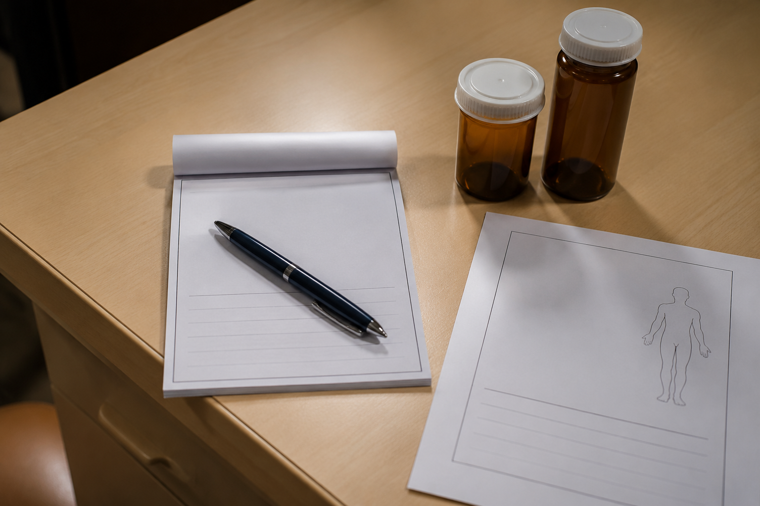 Dermatologist prescription notepad and doxycycline pill bottles on clinic desk showing dosage options