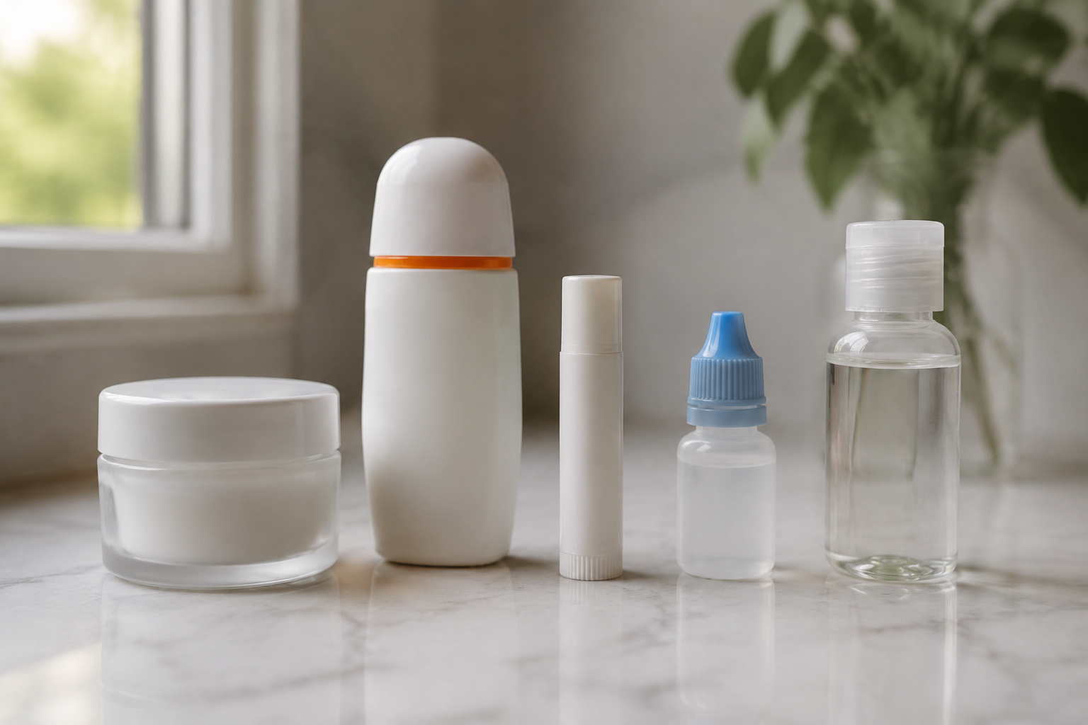 Skincare products for managing accutane side effects including moisturizer, SPF, lip balm, and eye drops on a bathroom counte
