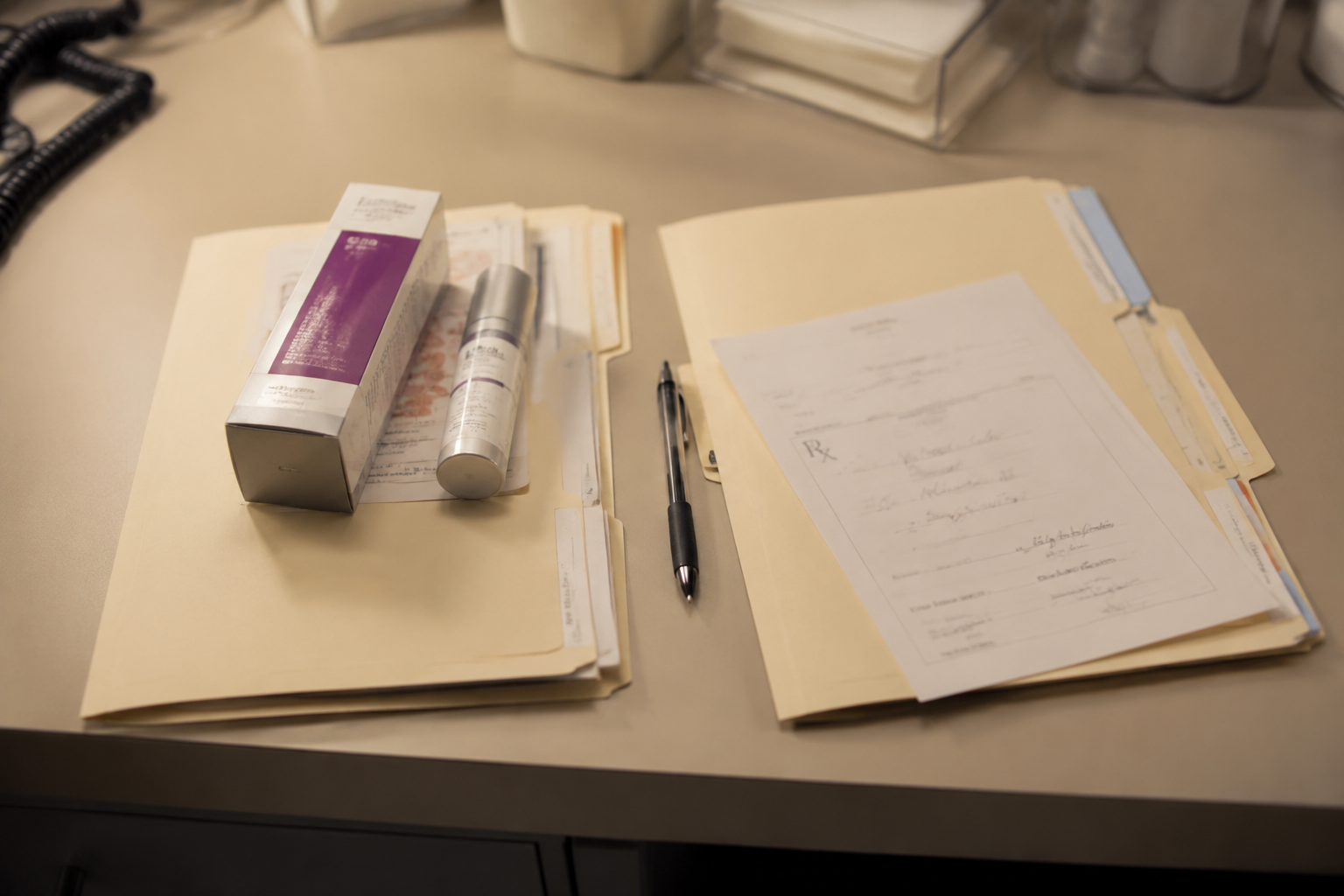 Dermatologist comparing OTC retinol and prescription tretinoin patient files side by side on clinic desk