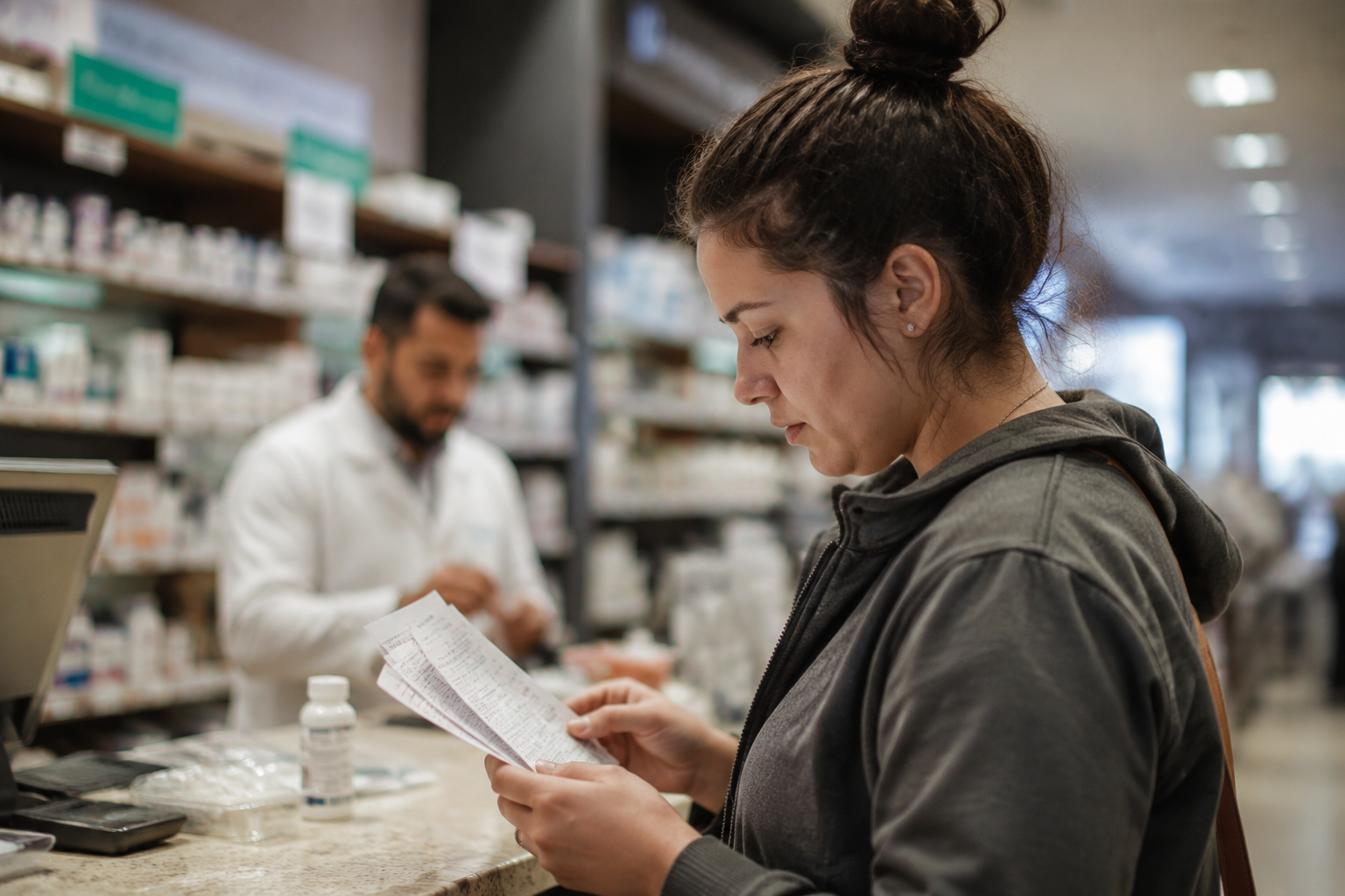 Woman comparing spironolactone and Accutane prescription information sheets at a pharmacy counter