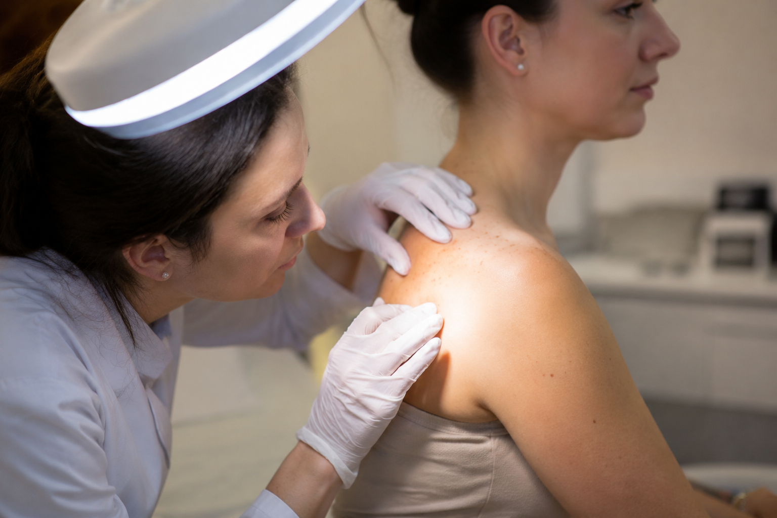 Dermatologist examining patient skin to assess hormonal acne severity and spironolactone dosage factors