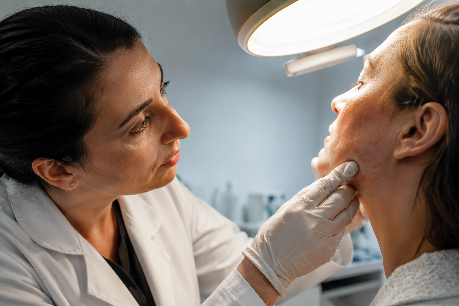 Dermatologist examining patient acne on jaw and cheek in clinic under examination light during doxycycline consultation
