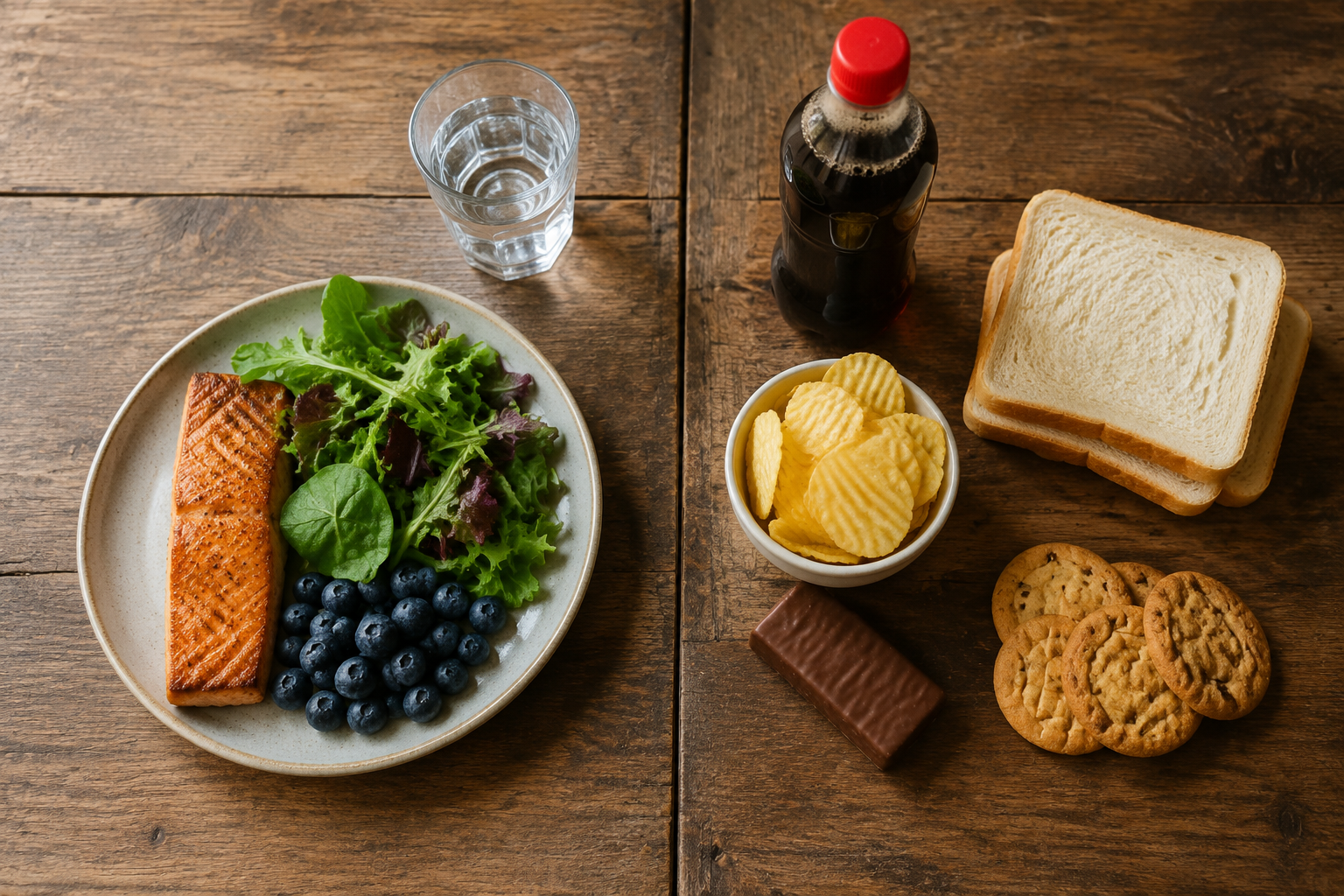 Side-by-side comparison of anti-inflammatory foods versus high-glycemic foods relevant to acne medication diet.