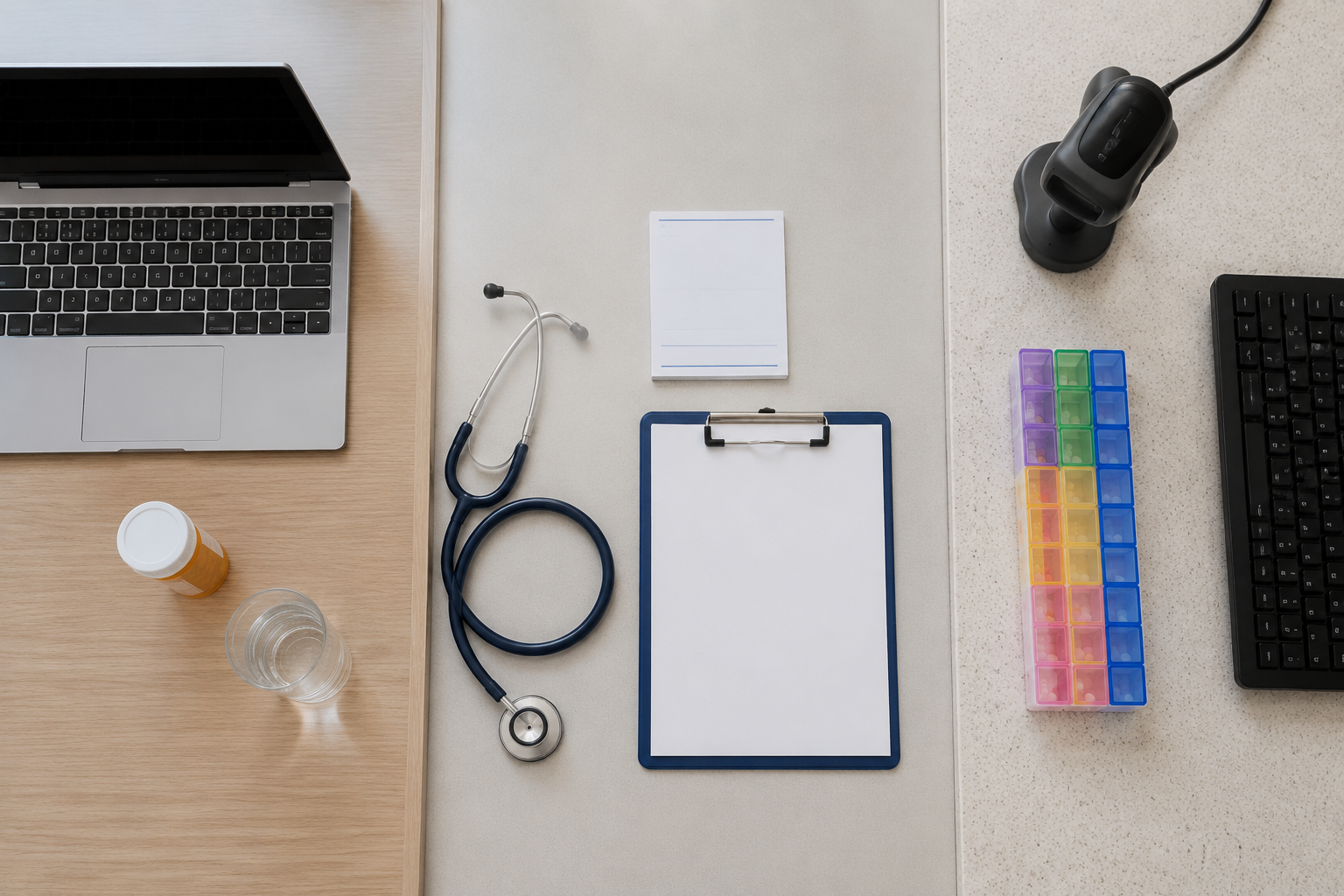 Three iPLEDGE login user types — patient, prescriber, and pharmacy — each with distinct desk setups