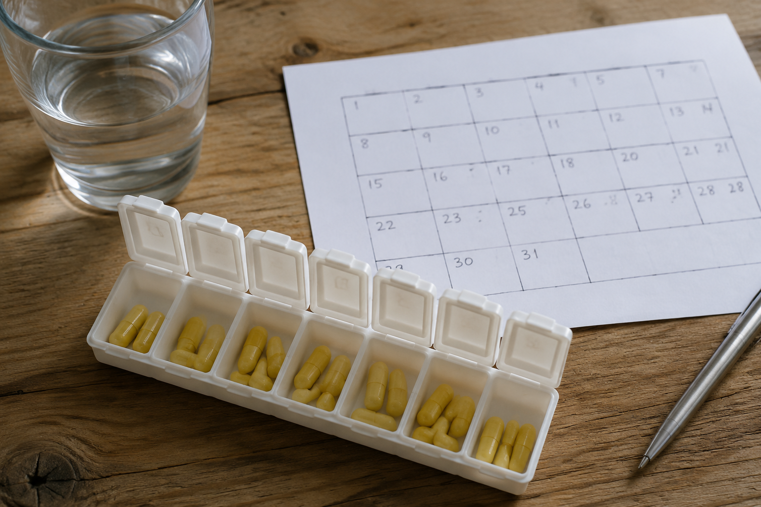 Doxycycline pill organizer and calendar showing week-by-week acne treatment timeline
