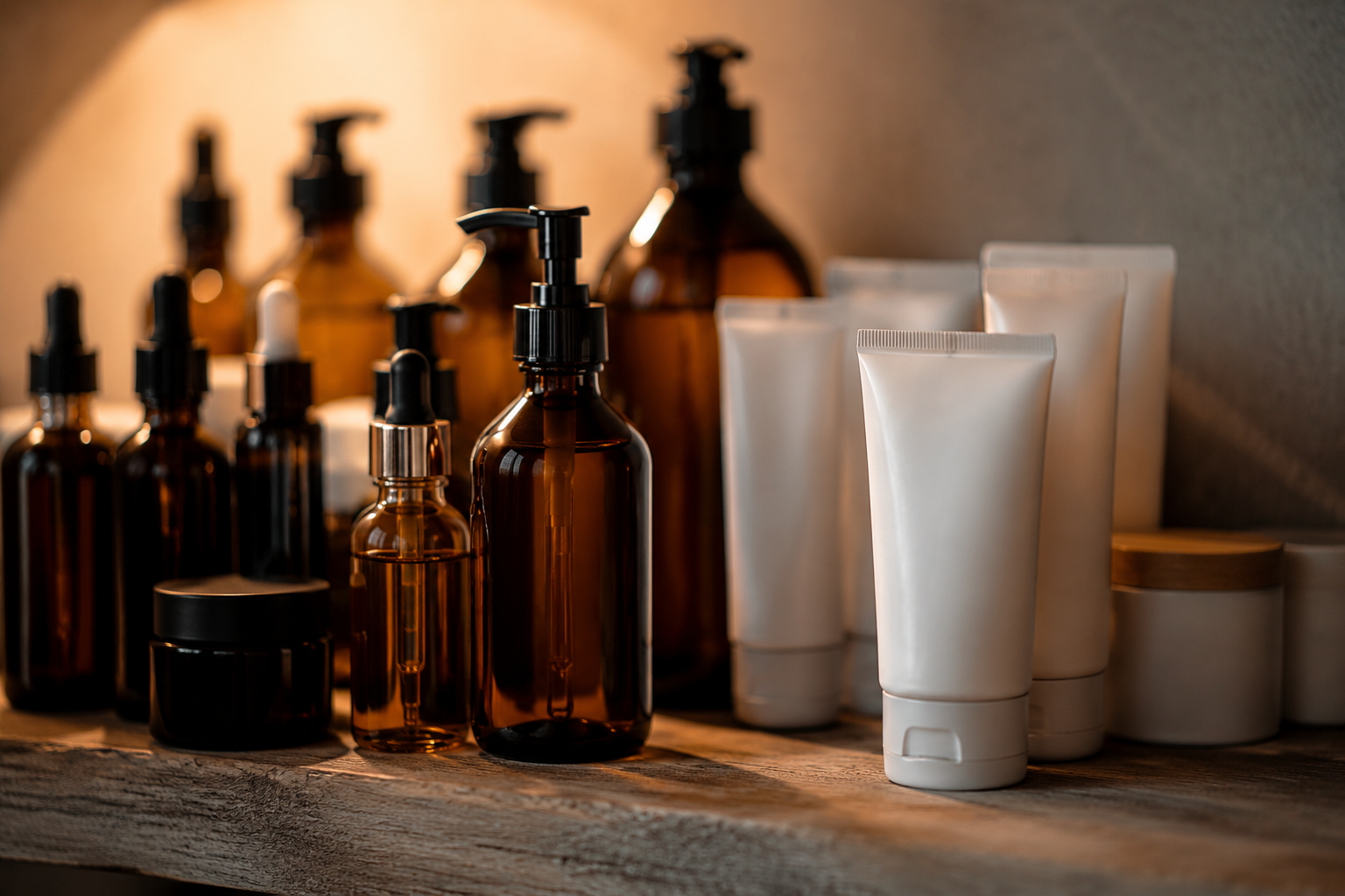 Two groups of skincare products on a shelf showing ingredients to avoid vs safe options during Accutane treatment.
