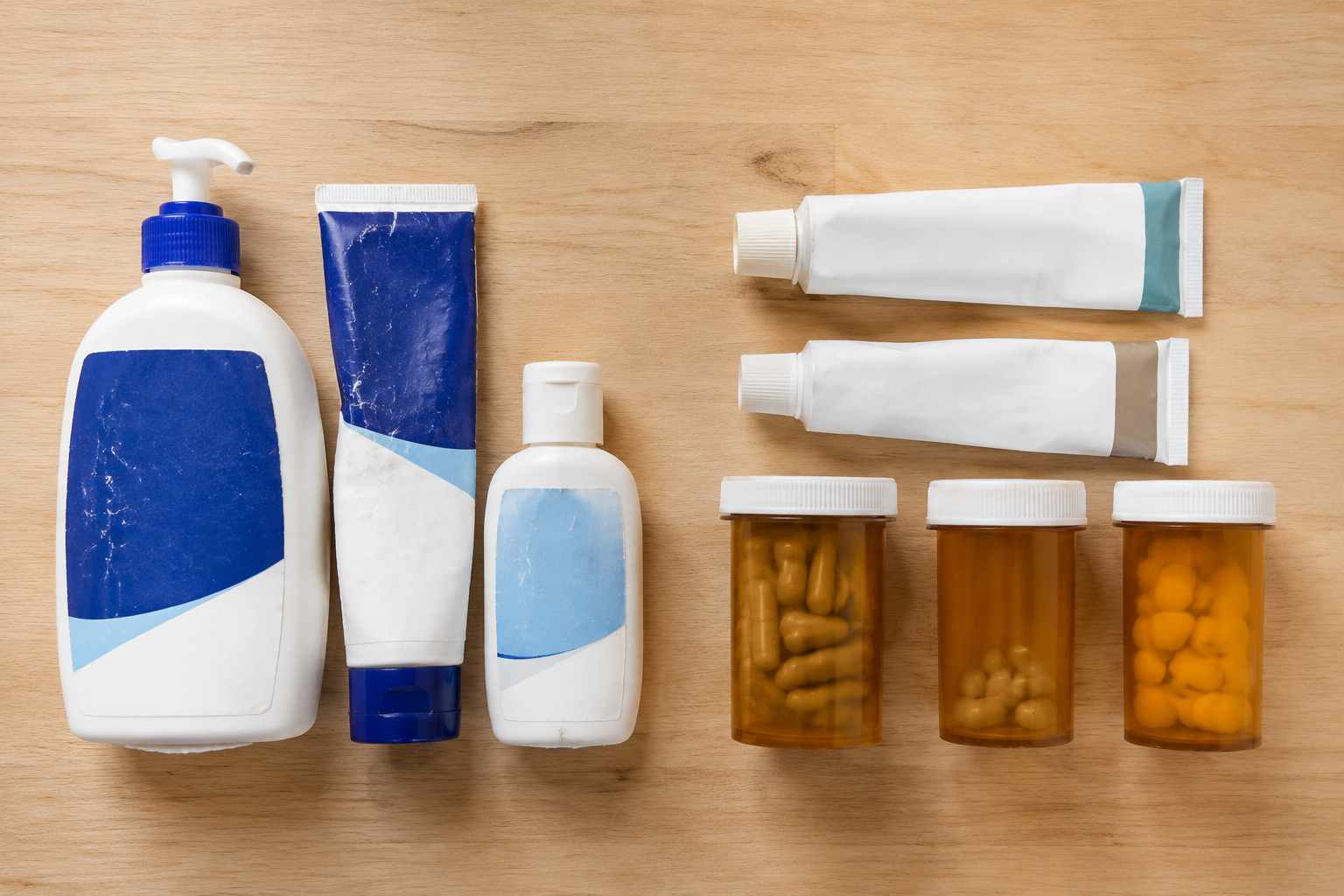 OTC acne products vs prescription acne treatments side by side on a wooden surface