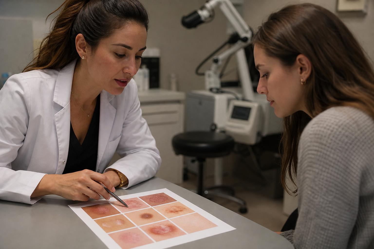 Dermatologist and female patient reviewing spironolactone dosage adjustment plan at a clinic appointment