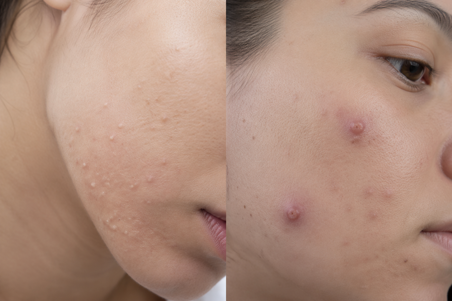 Side-by-side close-up comparison of retinol purge skin versus a new acne breakout on the jawline