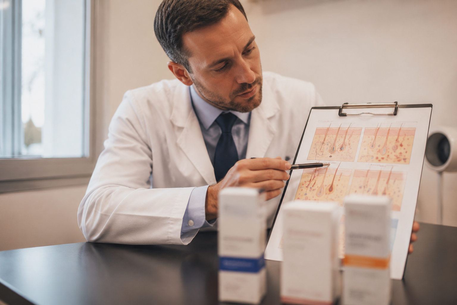 Dermatologist reviewing prescription acne treatment options including doxycycline spironolactone and tretinoin
