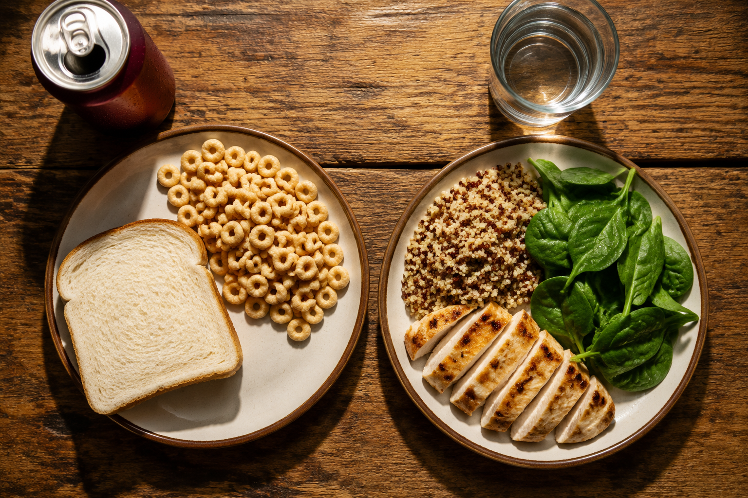 Side-by-side comparison of high-glycemic processed foods versus low-glycemic whole foods and their link to acne breakouts