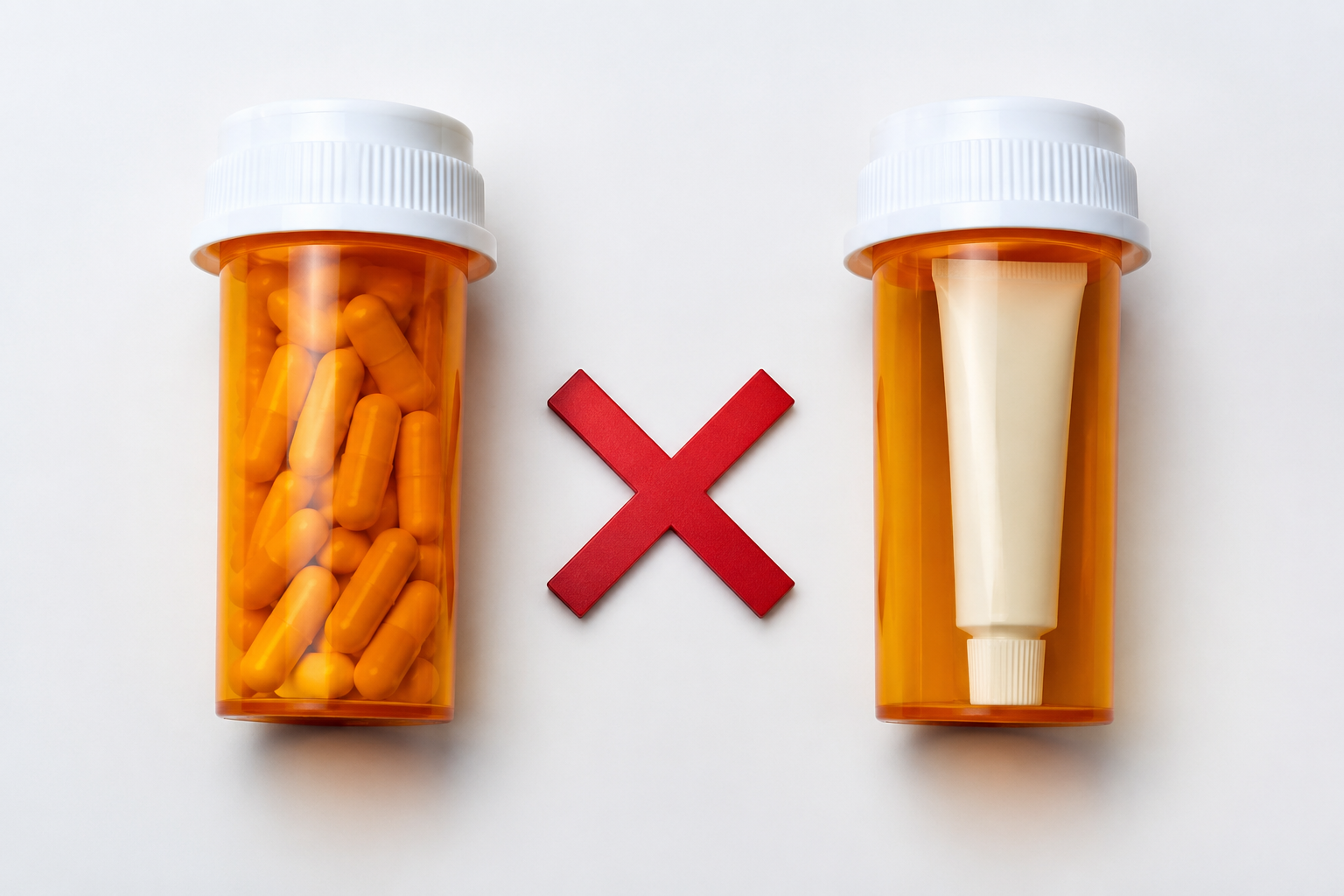 Oral isotretinoin capsule bottle and topical tretinoin tube placed side by side with a caution symbol between them.