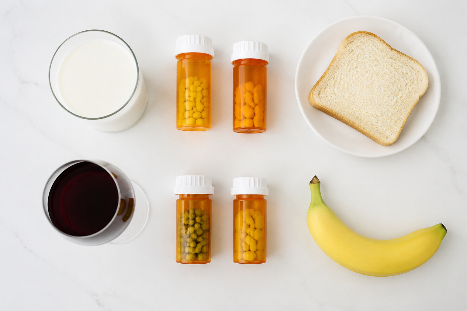 Prescription acne medication bottles arranged next to common foods that may interact with doxycycline spironolactone and tret
