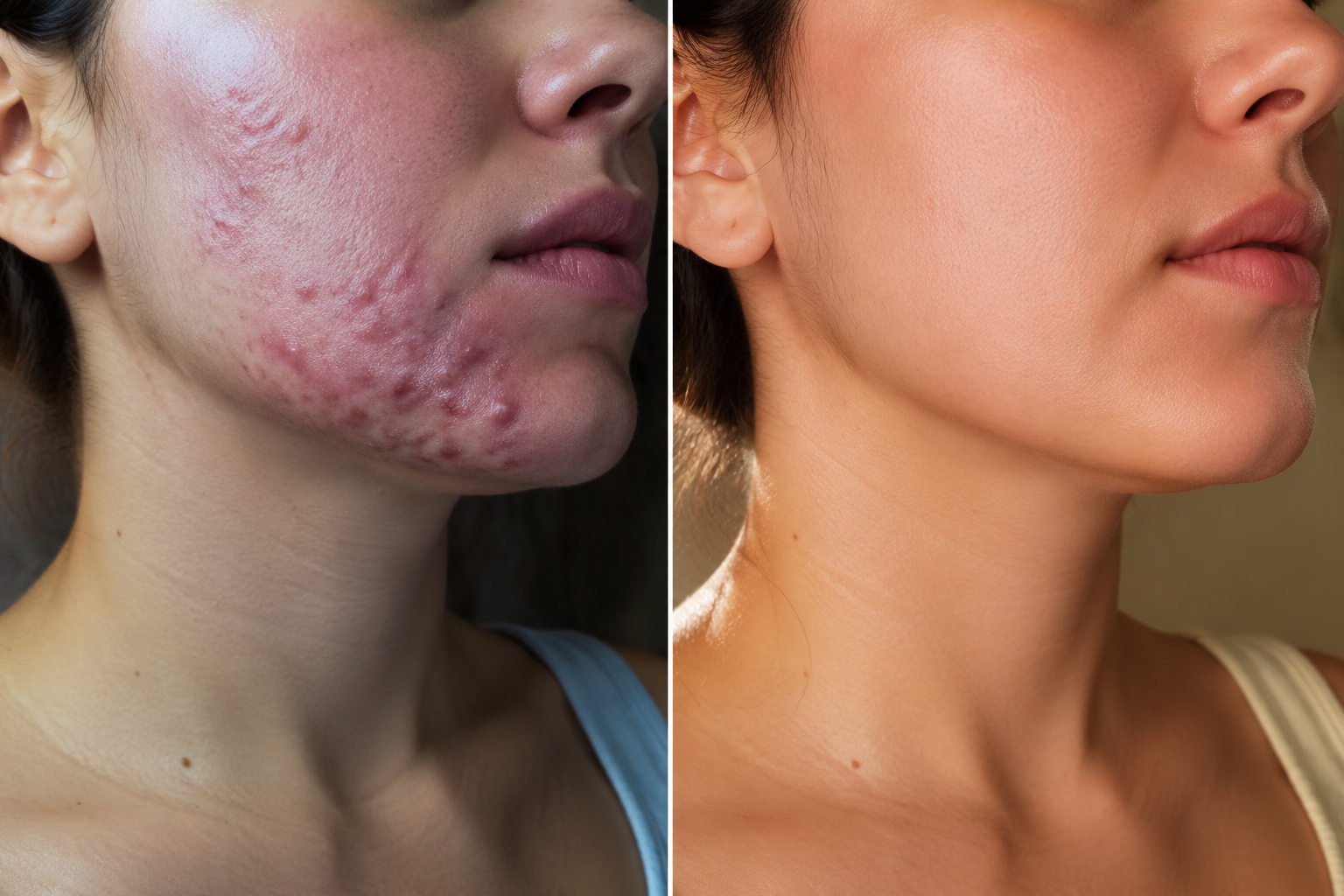 Before and after comparison of hormonal cystic acne on jawline and chin in women treated with anti-androgen therapy